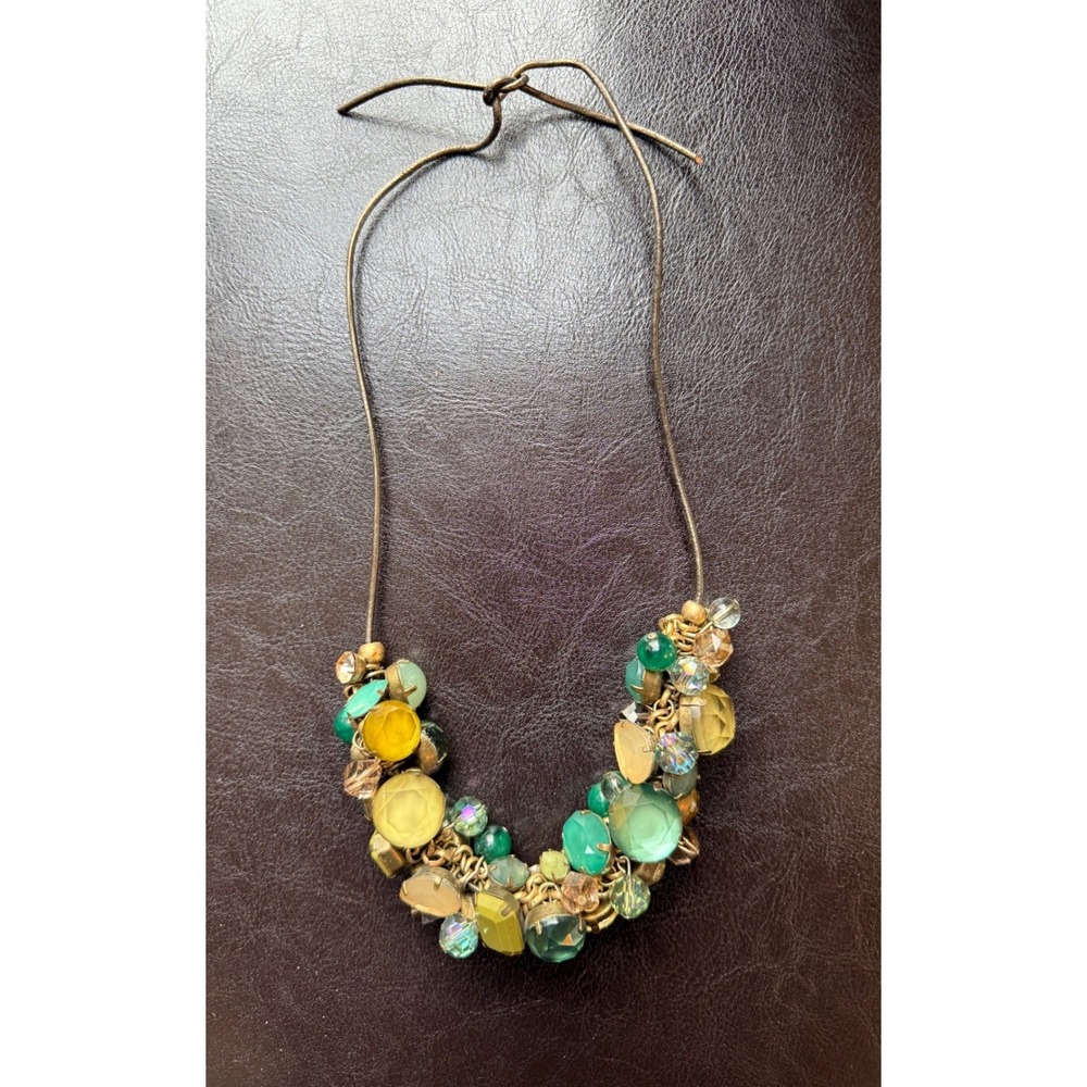 Chicos VTG‎ Style Green Yellow Cluster Bib Statement Necklace Brass Tone Adj